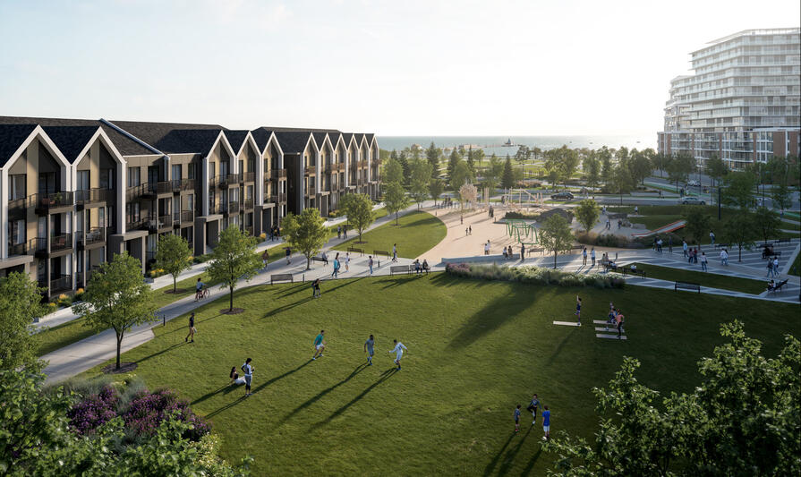 Modern living at Aura Lakeview Village in Mississauga by Caivan townhouses street view with the park Modern living at Aura Lakeview Village in Mississauga by Caivan townhouses street view with the park