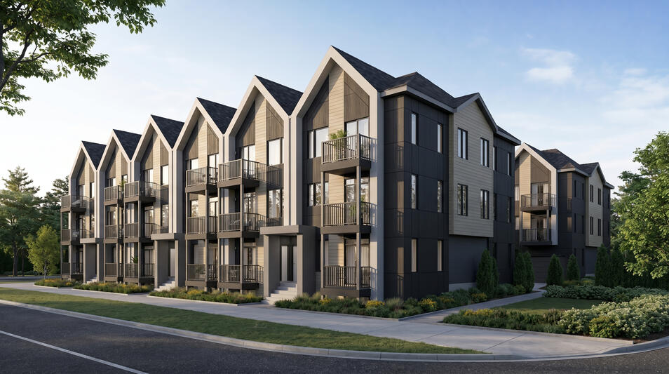 Modern townhouses at Aura Lakeview Village in Mississauga by Caivan street view Modern townhouses at Aura Lakeview Village in Mississauga by Caivan street view