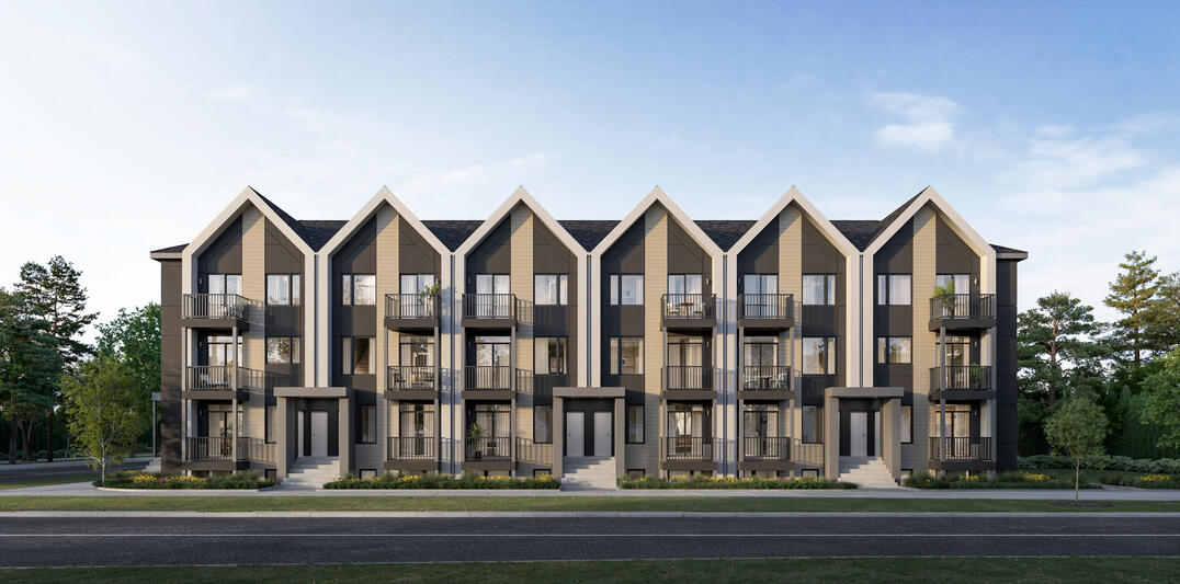 Modern townhomes at Aura Lakeview Village in Mississauga by Caivan streetview Modern townhomes at Aura Lakeview Village in Mississauga by Caivan streetview
