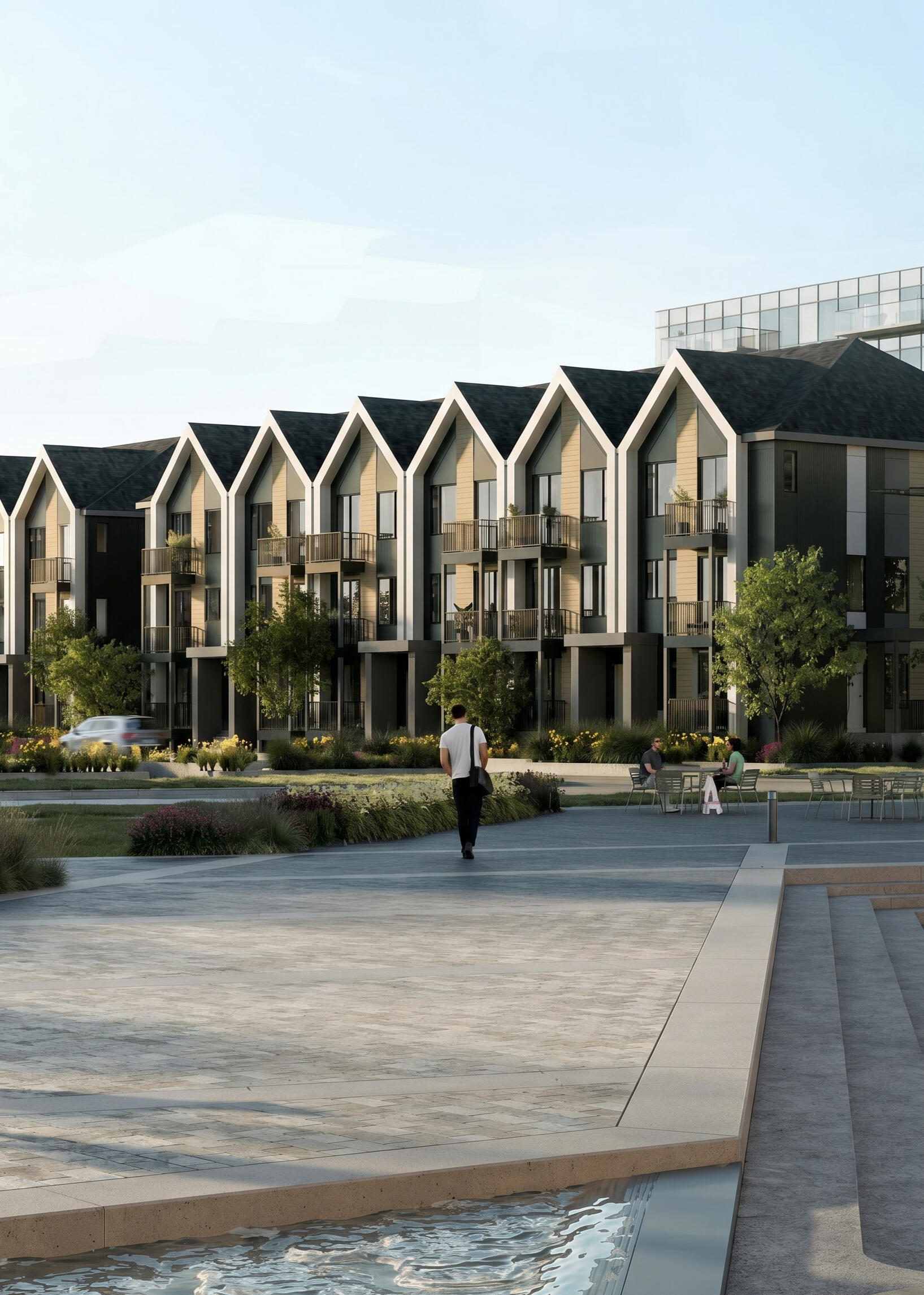 Aura Towns at Lakeview Village bring modern 2-storey urban townhome living to Mississauga’s waterfront community. Street view rendering of Aura by Caivan 2-storey urban townhomes at Lakeview Village in Mississauga