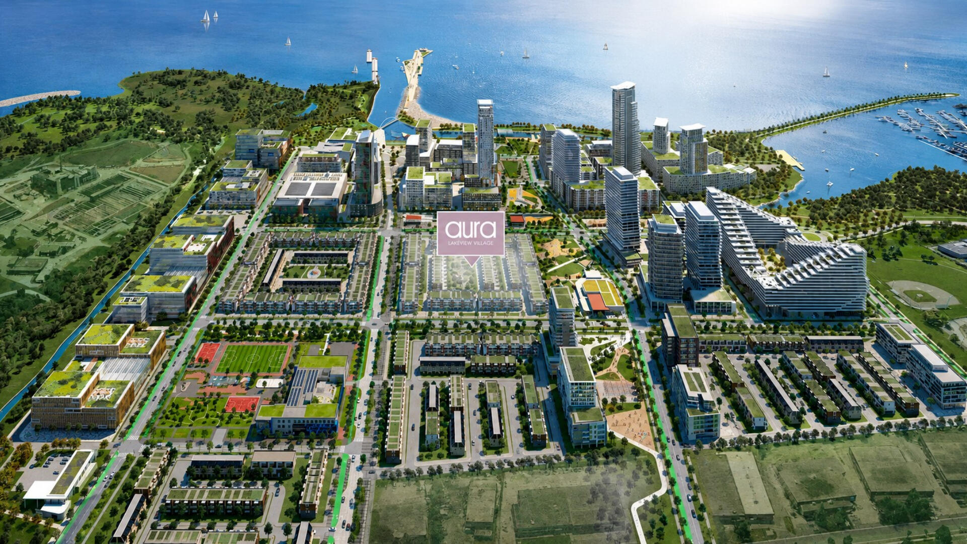 Aura is positioned within Lakeview Village, one of Mississauga’s most exciting waterfront master-planned communities near Lake O Aerial rendering of Lakeview Village master plan showing the Aura townhomes location near Lake Ontario in Mississauga