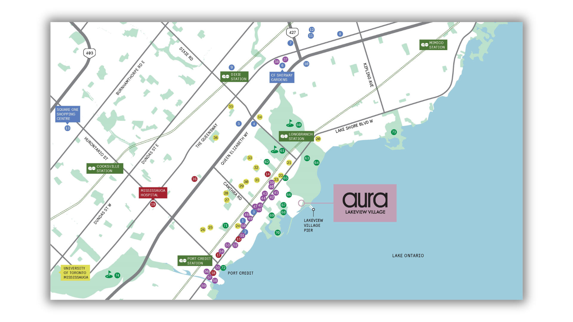 Aura connects lakeside living with quick access to Mississauga, GO Transit, the QEW, Highway 427, and the surrounding GTA. Map showing Aura Lakeview Village location in Mississauga near Lake Ontario with access to GO Transit QEW and Highway 427